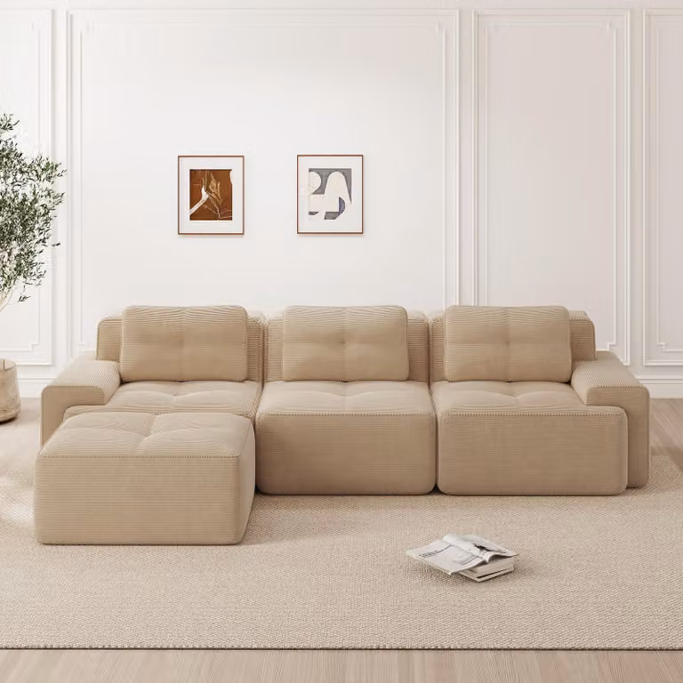 Divano modulare a forma di L, modello Cloud, 3 posti, con pouf, senza necessità di montaggio, seduta profonda (beige)