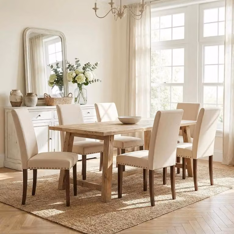 Sedie da pranzo - Set da 6 - Beige - Rivestite in tessuto - Imbottite - Con dettagli in metallo decorativo - Gambe in legno massello - 46 x 59 x 92 cm