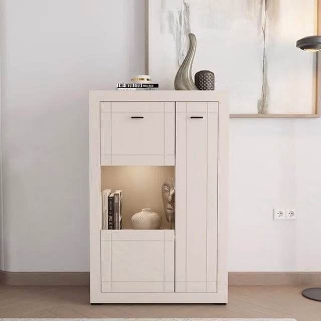 Vetrina Espositiva DMORA con Ante in Vetro e Ripiani Interni, Colore Beige e Nero, L 83.5 cm x P 35 cm x H 130 cm