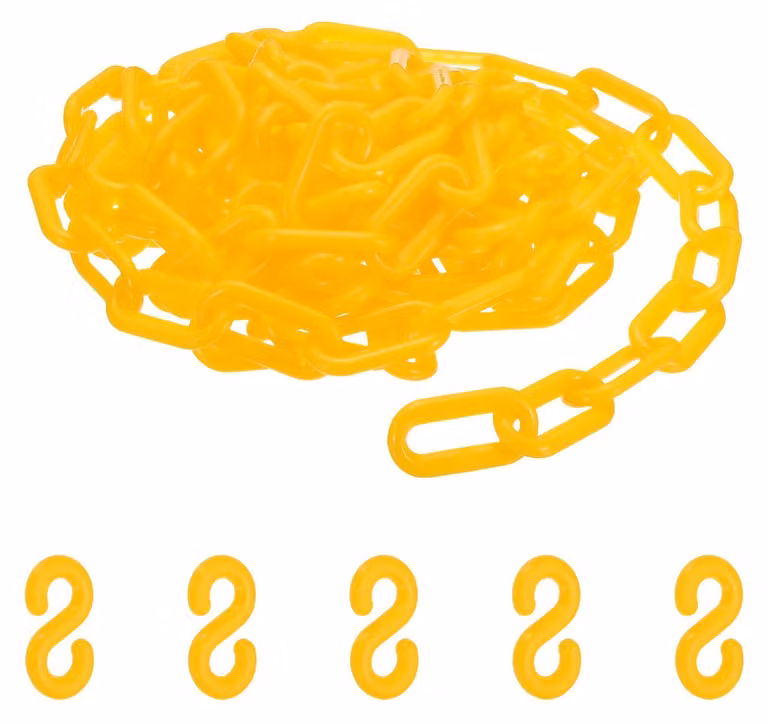 Catena in plastica gialla, lunghezza 5 metri, diametro 50x5,5 mm, con ganci a "S" per delimitazioni