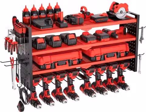 Scaffale per utensili elettrici da parete VEVOR rosso e nero con 4 livelli, 8 supporti per trapano e pannelli forati laterali per garage e officina