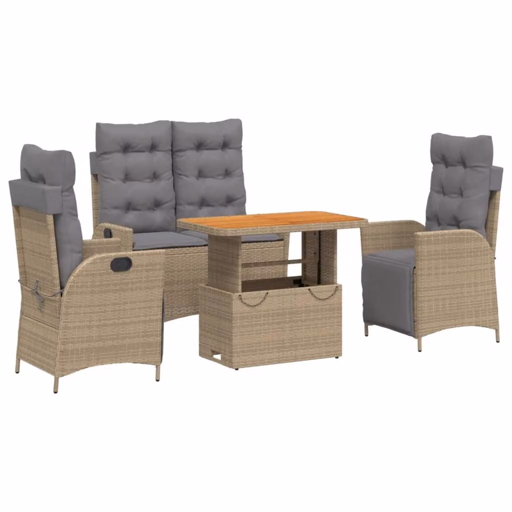Set da Pranzo da Giardino 4 pz con Cuscini Beige in Polyrattan