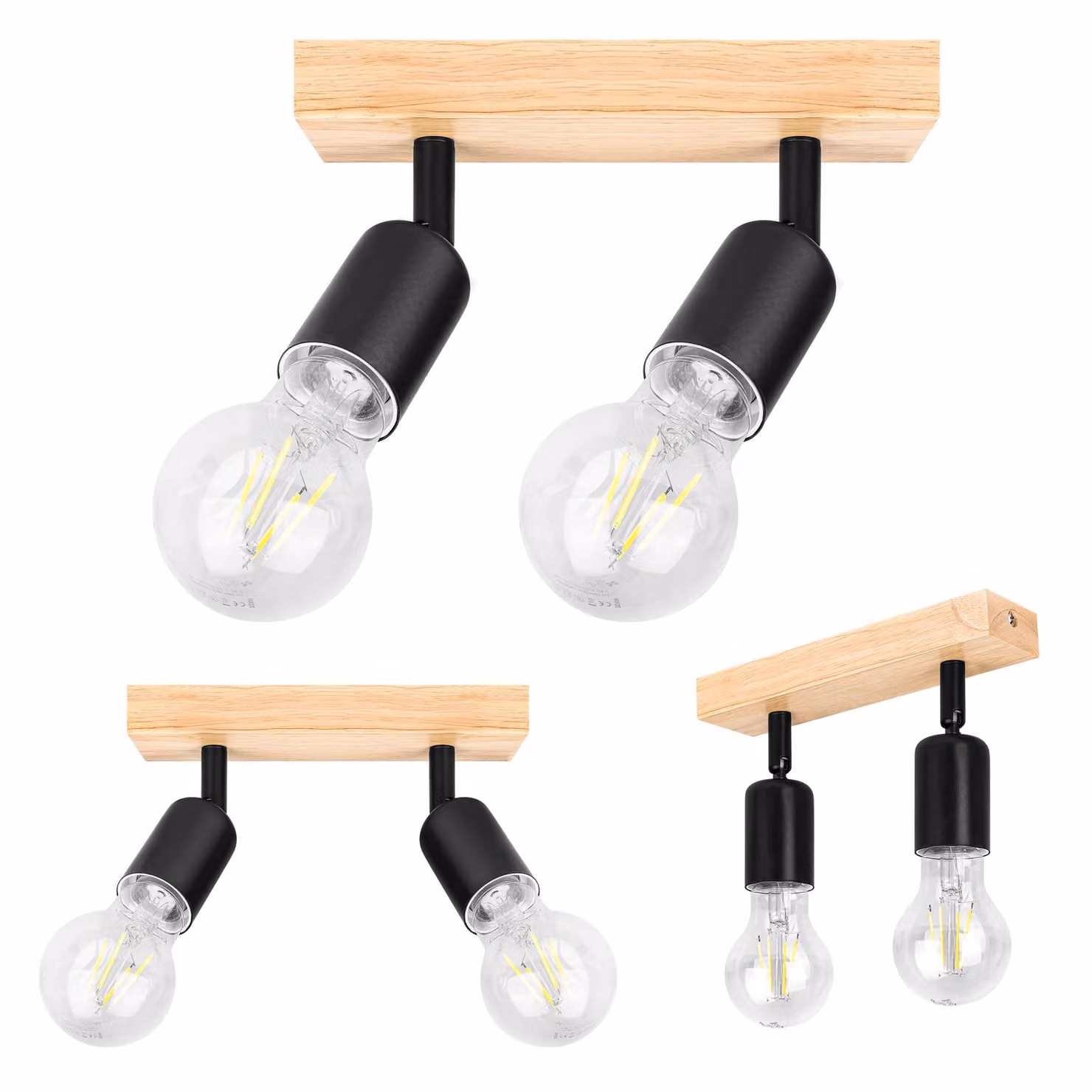 Faretto da soffitto MasterLED - E27, 2 luci, nero, legno, orientabile - Moderna lampada da soffitto LED regolabile per il soggiorno