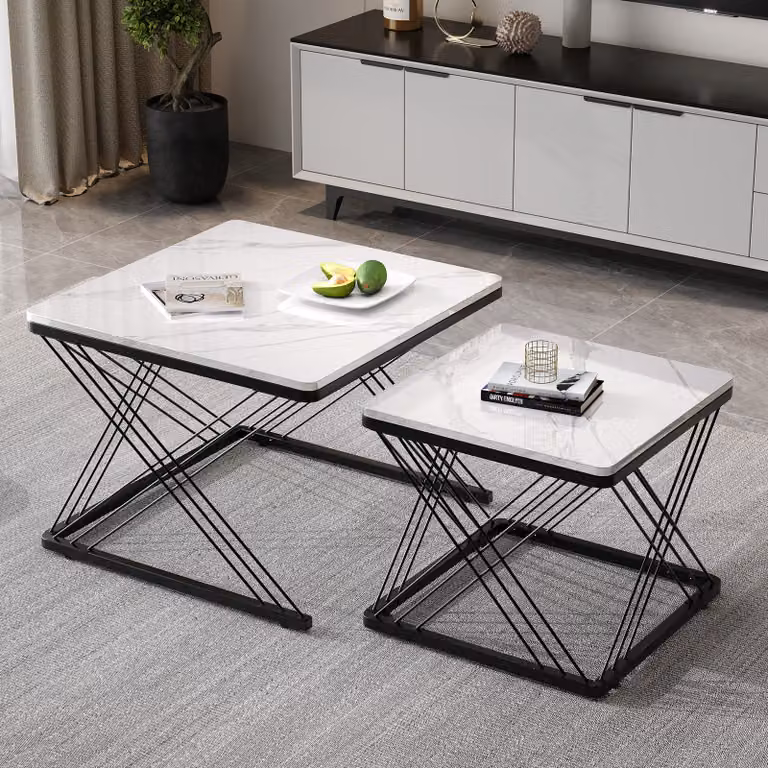 MODFU Tavolino da salotto, set da 2 pezzi per soggiorno, camera da letto, balcone, tavolino quadrato con gambe regolabili in altezza, nero