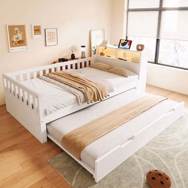 Letto singolo in legno con LED ¨C Minimal ¨C Bianco 90x200cm con letto estraibile e vani contenitore