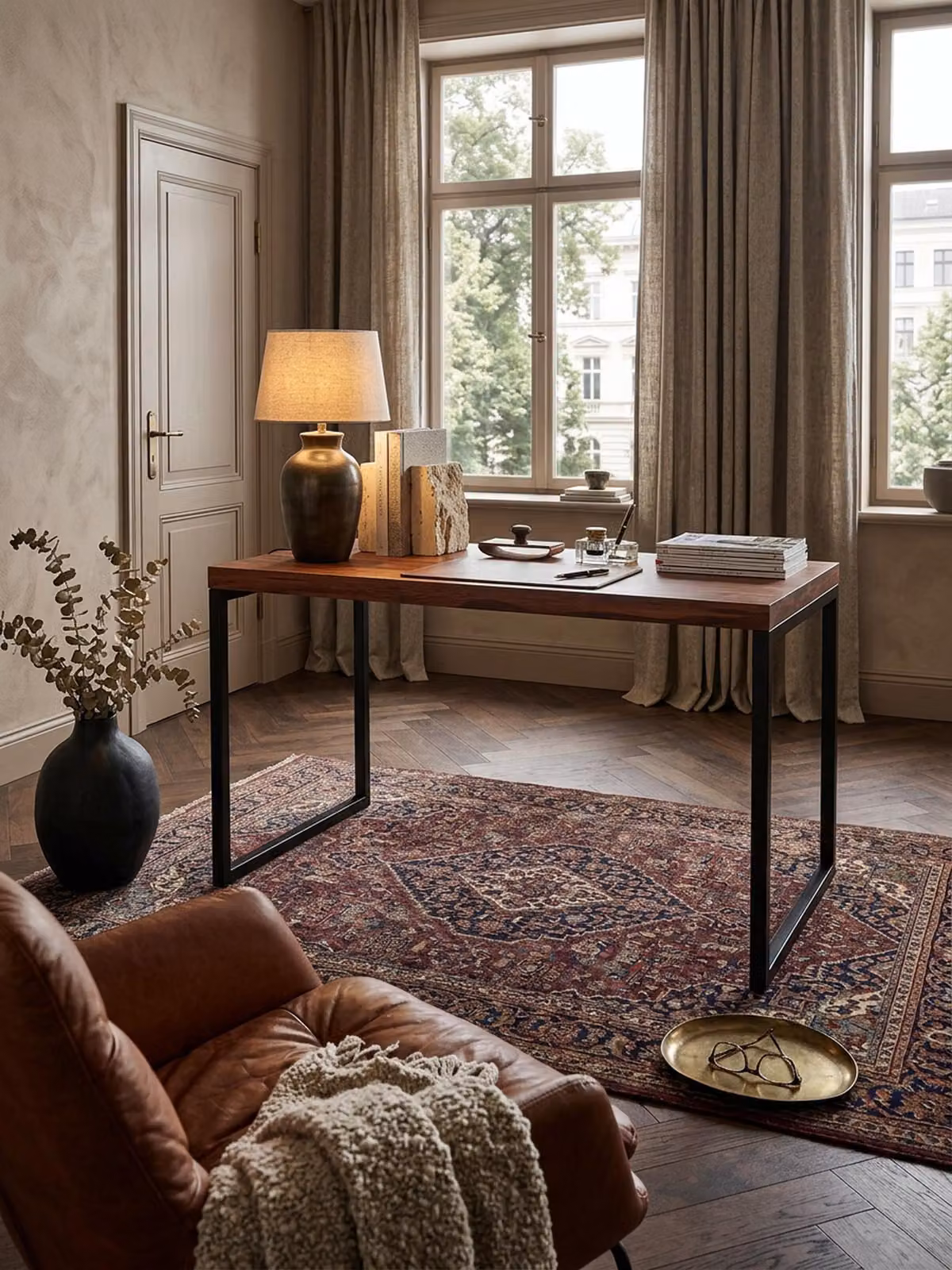 Scrivania in legno massello di sheesham / metallo 117x59x76,5 cm Scrivania per computer, scrivania da ufficio di design piccola scura, tavolo per laptop studio