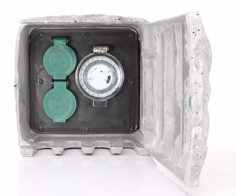 Prese di corrente esterne dal design moderno, effetto pietra - Doppia presa per giardino con timer