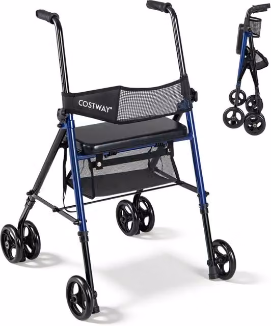Deambulatore pieghevole per anziani con sedile maniglie regolabili, Girello a 4 ruote schienale per disabil portata 136 kg Nero