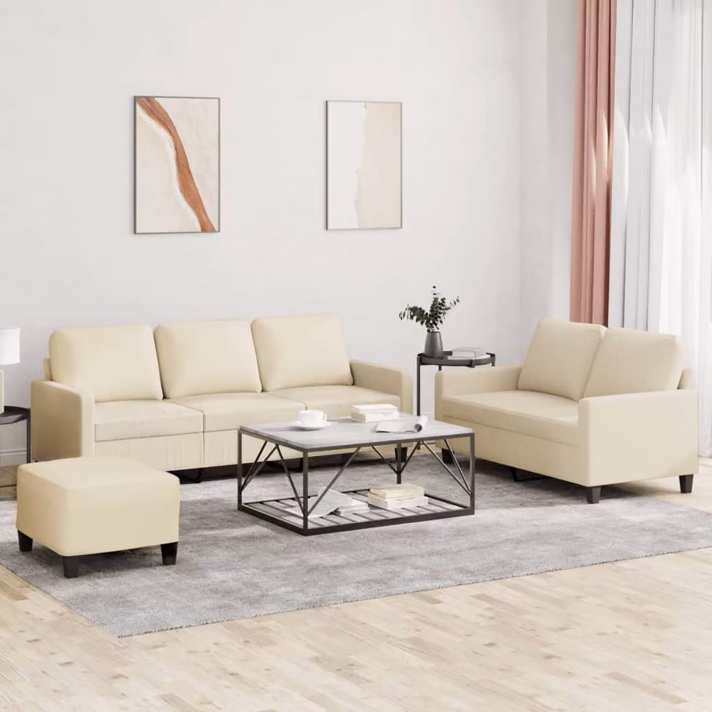 Set di divani vidaXL 3 pezzi in similpelle beige con pouf e cuscini per soggiorno moderno