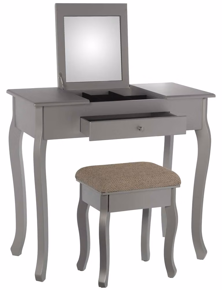 Comò da trucco con specchio e panca, in legno, 80x40x74 cm, color argento