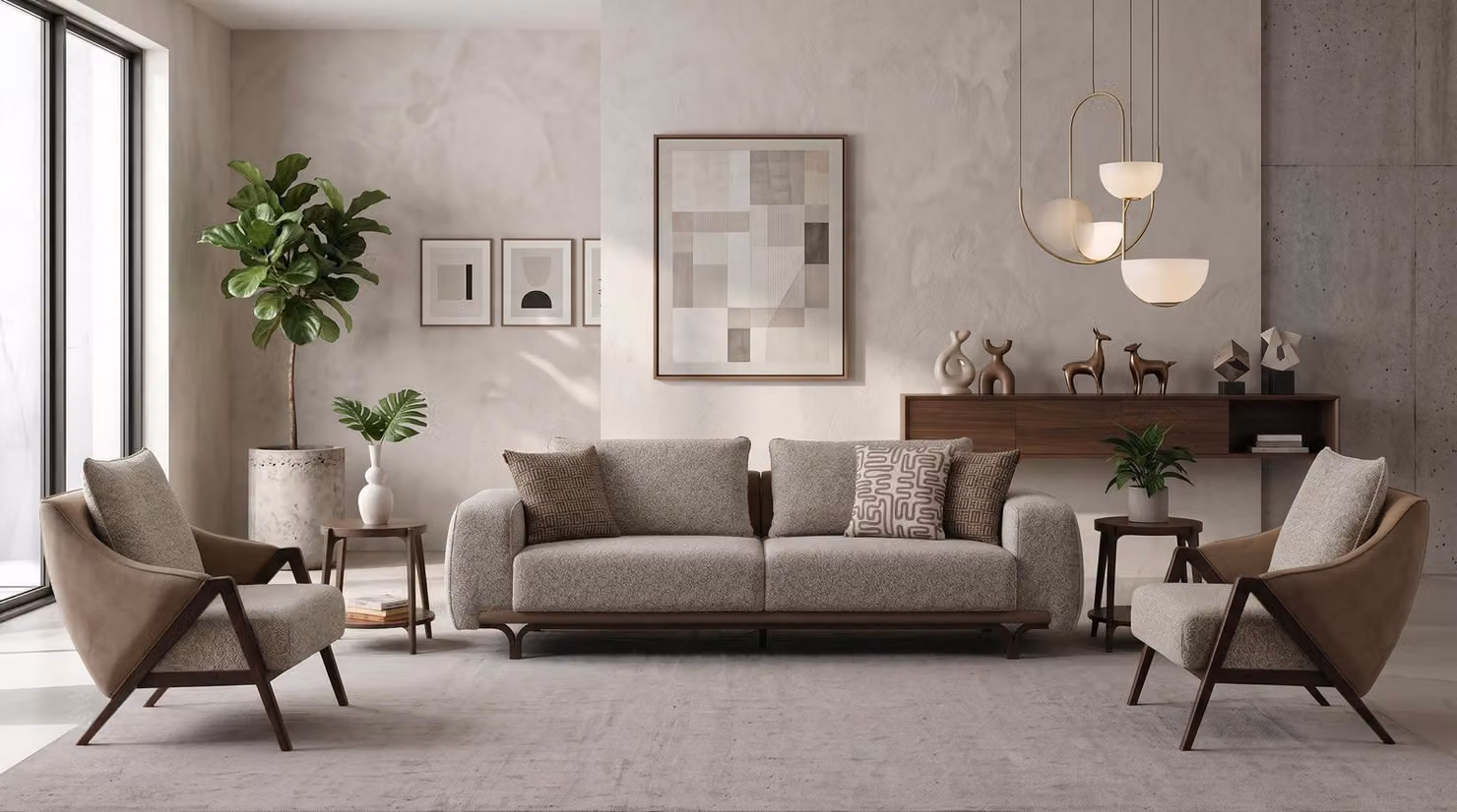 Wohnzimmer Set 3 Sitzer Sofa 2x Sessel Modern Grau Stilvoll