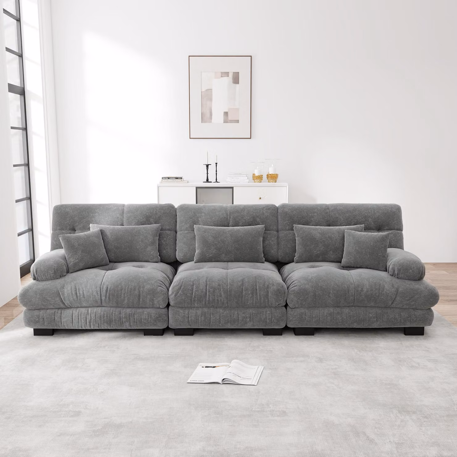 Divano angolare modulare Sweiko a 3 posti con seduta profonda, divano letto in ciniglia Comodo imbottito per soggiorno, appartamento, studio, ufficio, grigio ciniglia