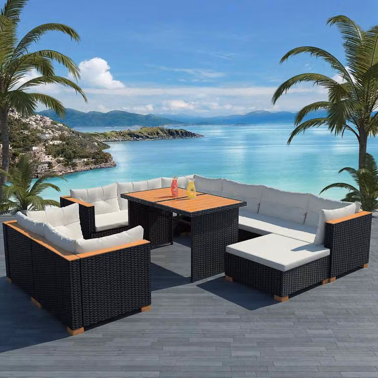 Set di divani da giardino vidaXL composto da 10 pezzi con cuscini in polyrattan nero e struttura in metallo