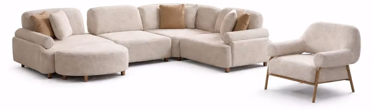 Set da salotto moderno: divano ad angolo bianco a forma di U, set di design in stile minimalista