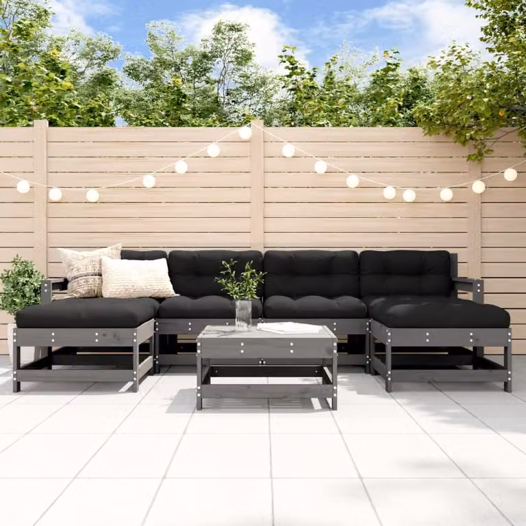 The Living Store Set da giardino 7 pezzi con cuscini in legno massiccio grigio