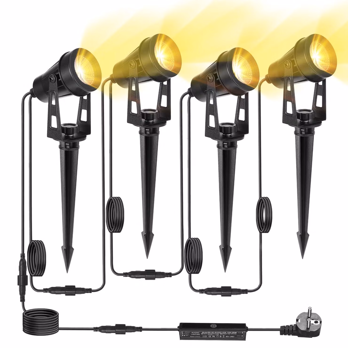 Set di 4 faretti LED da esterno, lunghezza totale 14 metri, luce bianco caldo 3000 K, 12 V, grado di protezione IP65