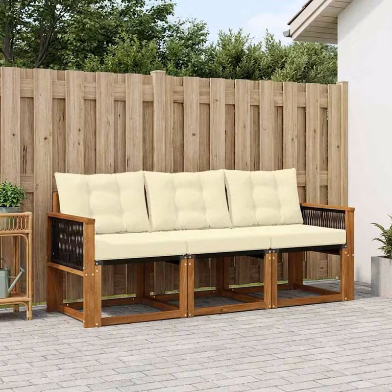 Set di divani da esterno vidaXL in legno di acacia e textilene, 3 pezzi, Beige e Bianco