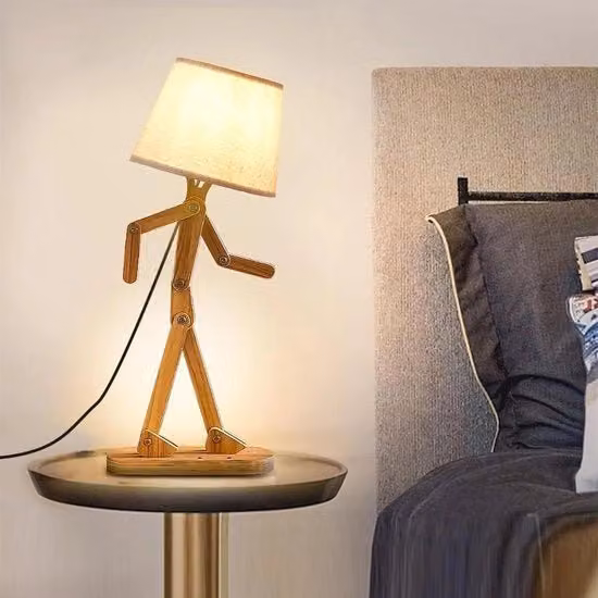 Lampada da tavolo moderna in legno e tessuto bianco e beige con paralume rotondo e maniglia creativa, ideale per camera dei bambini e ufficio, con luce LED regolabile, H: 40 cm, L: 60 cm, P: 1 cm