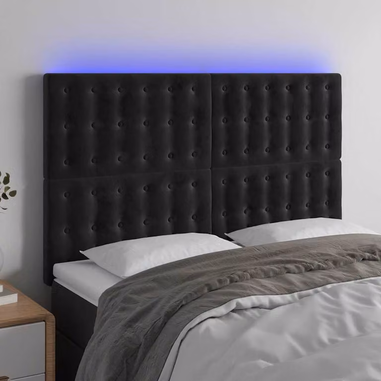 Testiera per letto vidaXL in velluto nero con illuminazione LED e porta di ricarica USB, L: 144 cm, P: 5 cm, H: 118/128 cm
