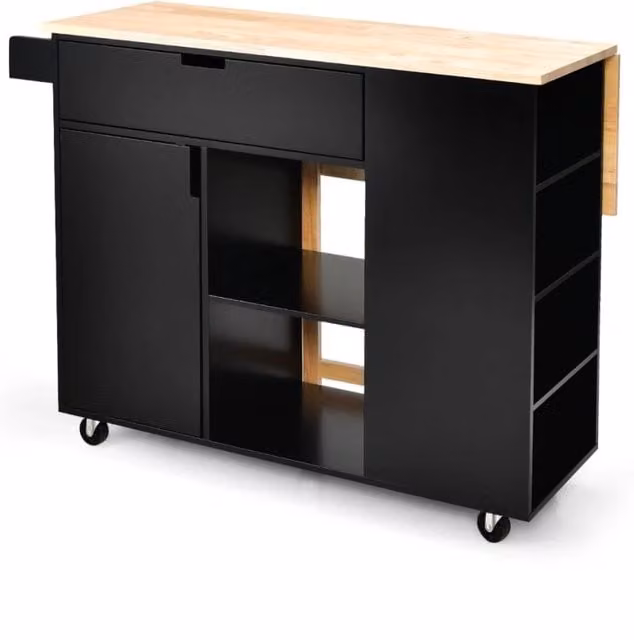 Carrello su ruote bloccabili con piano in legno di gomma cassetto, Isola da cucina a foglia a goccia Nero-Carrelli