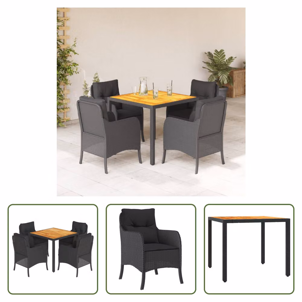 The Living Store Set da pranzo da giardino 5 pezzi con cuscini in poly rattan nero