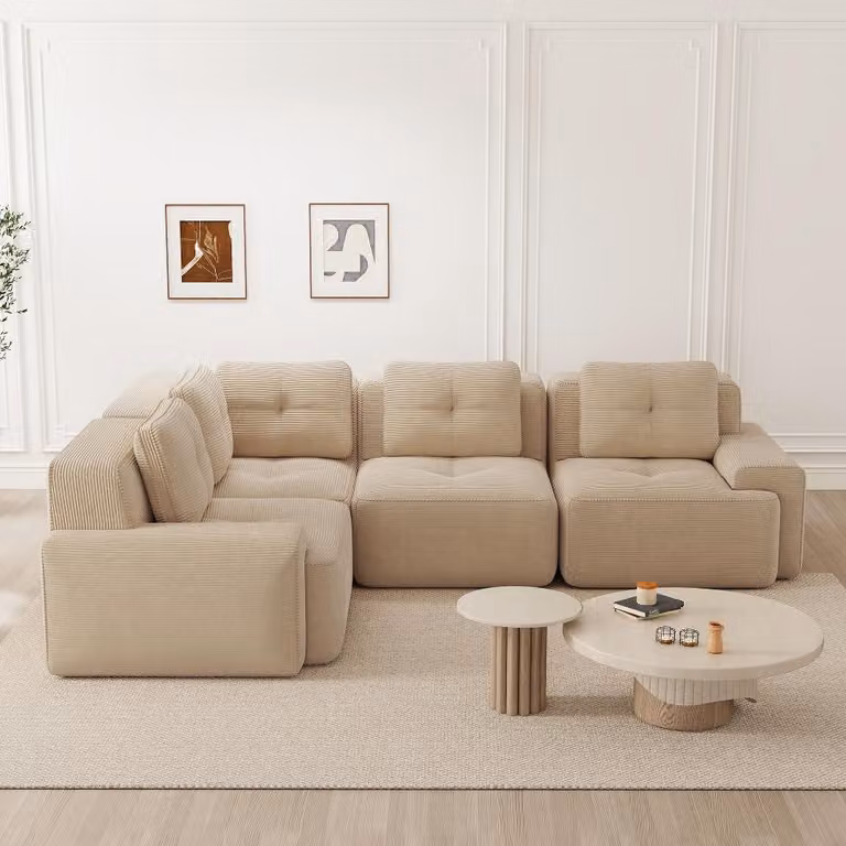 Divano modulare componibile, senza telaio, 4 posti, seduta profonda, divano ad angolo, rivestito in tessuto beige, da assemblare senza montaggio, dotato di piedini antiscivolo, dimensioni: 295x206x69 cm