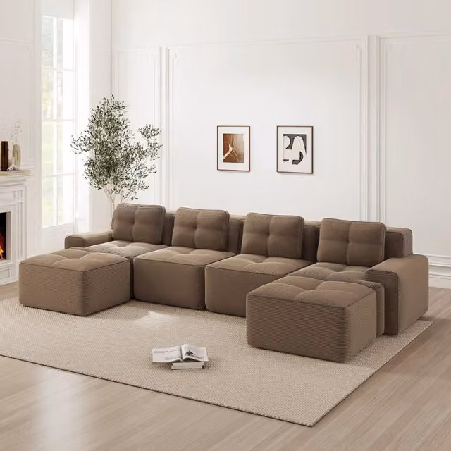 Divano Modulare Minimal con Chaise Longue a 4 Posti in Velluto a Coste Marrone con Funzione Letto