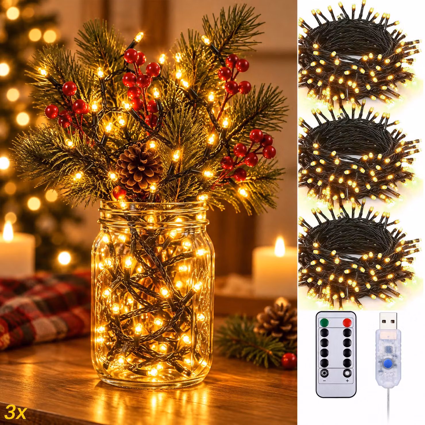 3 catene luminose da 10 metri con 100 LED ciascuna, luce calda, con telecomando, alimentazione USB, timer, dimmer, 8 modalità di illuminazione, ideali per decorazioni natalizie, compleanni, camere da letto, balconi