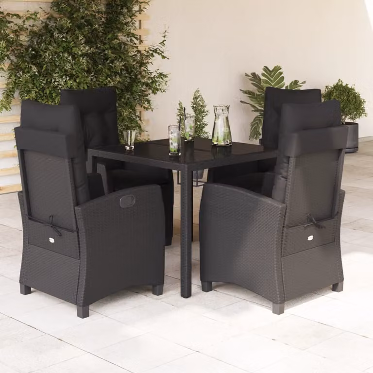 Set da Pranzo da Giardino vidaXL 5 pz in Polyrattan Nero con Piano in Vetro e Cuscini