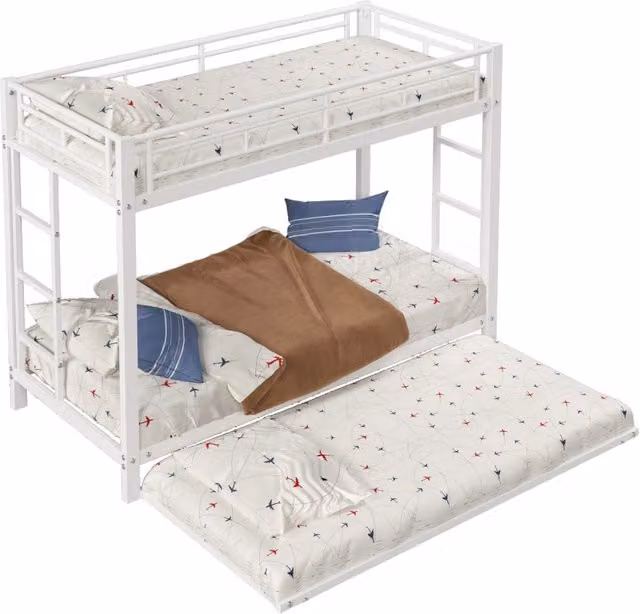 Letto a castello 90x200 in metallo bianco con letto estraibile e sponde alte