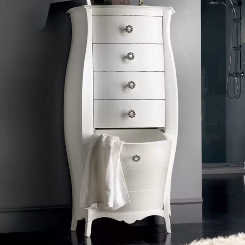 Cassettiera bombata in legno bianco con 4 cassetti e ribalta Mobili 2G L: 73 cm, P: 37 cm, H: 141 cm – 2
