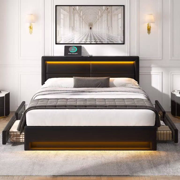Letto imbottito 140x200 cm, colore nero, rivestito in PU, con porta USB, illuminazione LED e quattro cassetti, ideale per la camera da letto