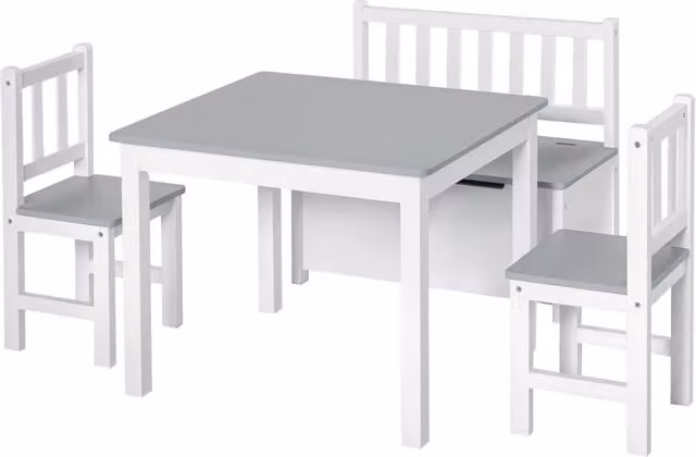 Set da tavolo per bambini Minimal in legno con 2 sedie e cassapanca, bianco e grigio