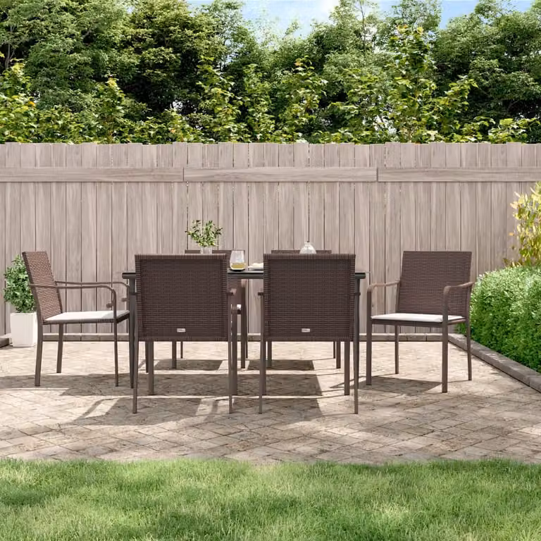 Set da pranzo da giardino vidaXL in polyrattan e acciaio con 7 pezzi e cuscini, tavolo rettangolare in vetro e sedie moderne nei colori marrone, nero o beige