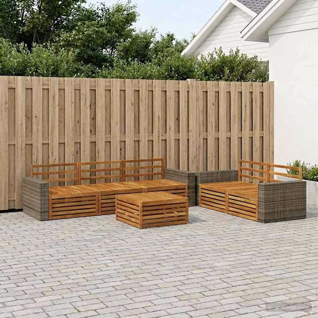 vidaXL Set di divani da esterno a forma di U composto da 6 pezzi in legno di acacia massello marrone con cuscini inclusi