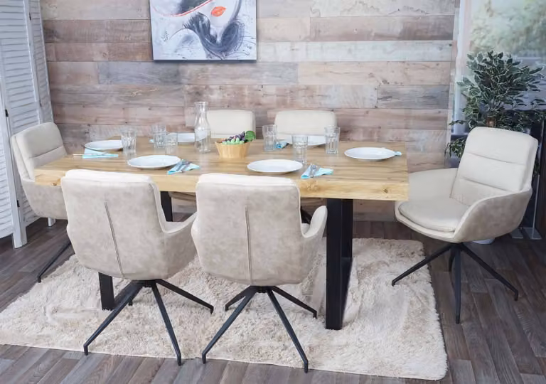 set di 6 sedie per sala da pranzo HWC-K32, sedia da cucina poltroncina, posizione girevole automatica, tessuto MVG ~ crema-beige