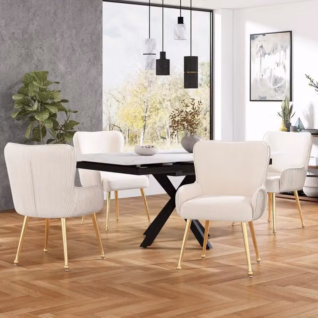 Sedia da sala da pranzo set da 4 in velluto con braccioli e supporto lombare, gambe metalliche oro beige