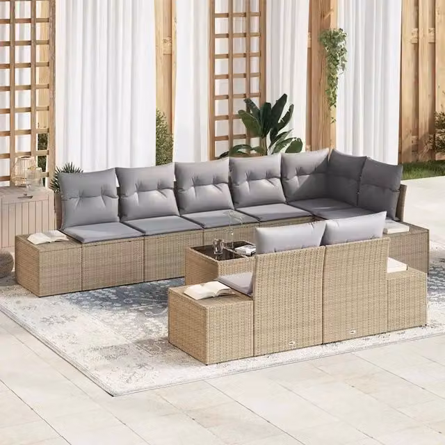 vidaXL Set Divano da Giardino 9 pz in Polyrattan Beige e Grigio con Cuscini e Tavolino