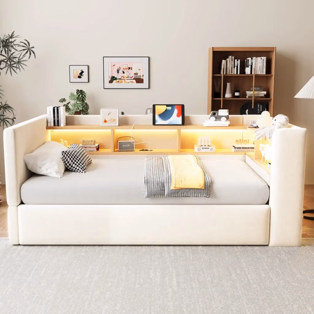 Letto imbottito WISHDOR con contenitore idraulico, illuminazione LED e prese USB, rivestimento beige, L/P/H: 190 x 90 x 211 cm – 2