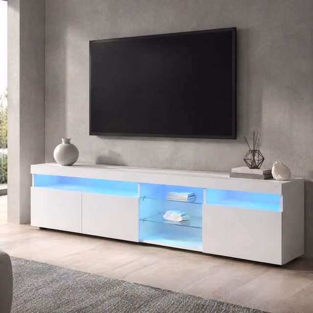Mobile TV moderno REDOM bianco con illuminazione LED integrata in MDF e vetro L: 180 cm, P: 35 cm, H: 48 cm