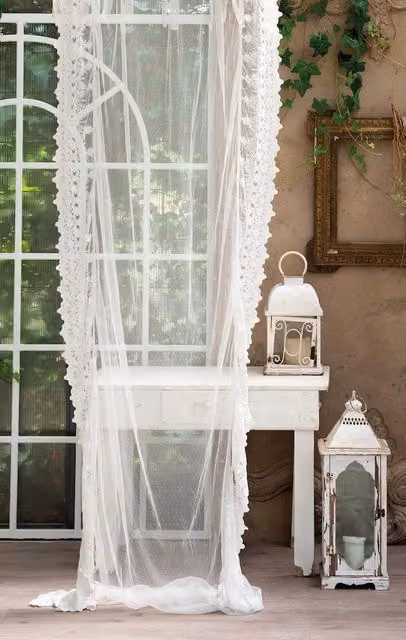 Tenda in Voile con Doppio Pizzo Ricamato Floreale Stile Shabby Chic Provenzale Blanc Mariclò, Colore Bianco