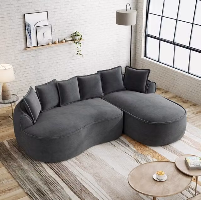 Divano modulare grigio in ciniglia; seduta profonda 122 cm