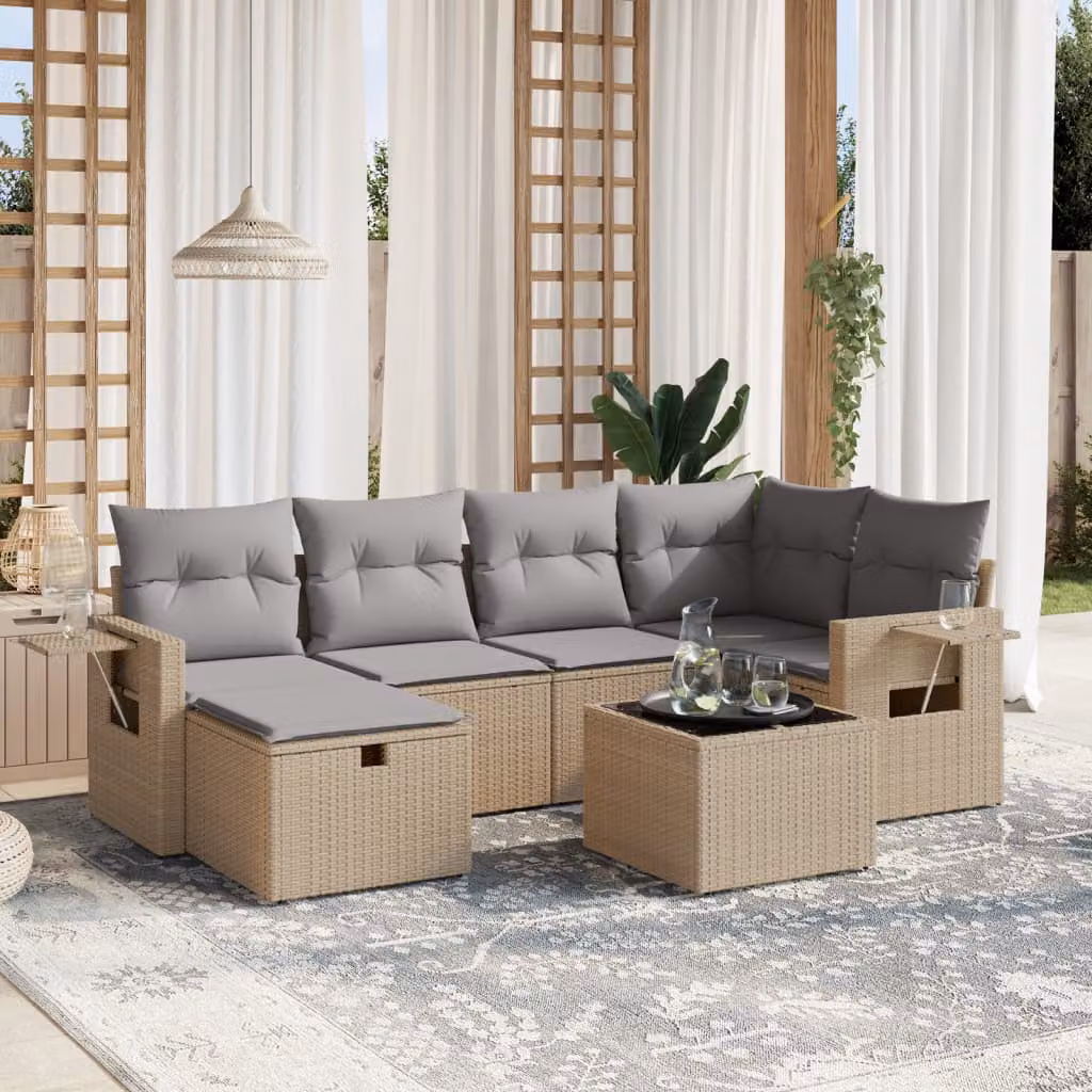 vidaXL Set Divano da Giardino a L 7 pz con Cuscini Beige e Grigio in Polyrattan e Acciaio – 1