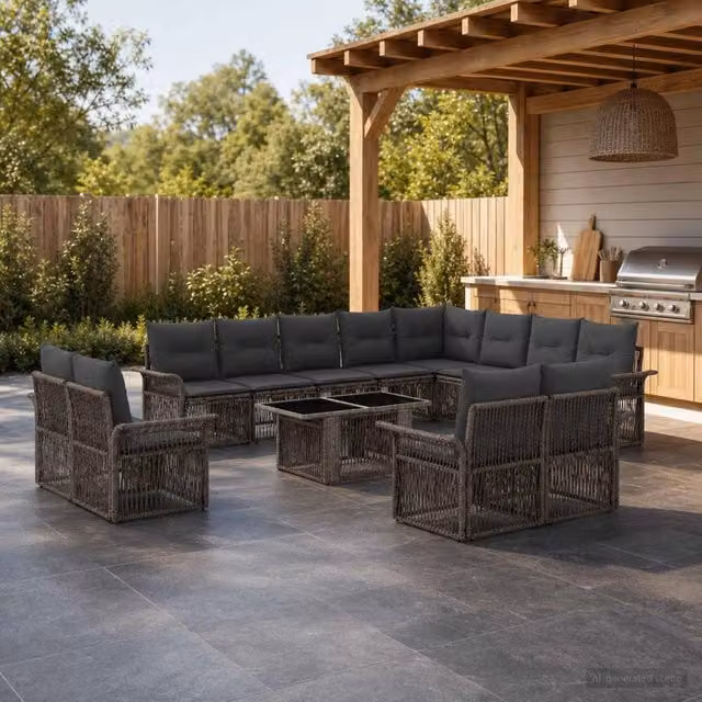 Set Divano da Giardino vidaXL a forma a U composto da 13 pezzi in Polyrattan con Tavolino e Cuscini, Colore Grigio e Antracite – 1