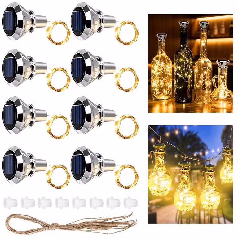 Luci solari a forma di bottiglia, set da 8 pezzi, cavo da 2 metri, 20 LED, tappi, ideali per progetti fai-da-te