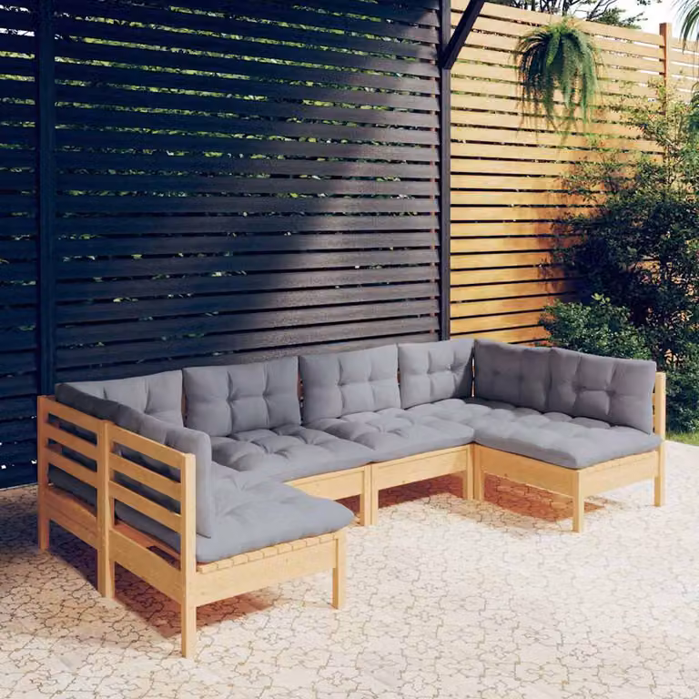 Set di divani da giardino vidaXL a forma di L composto da 6 pezzi in legno massello di pino con cuscini grigi