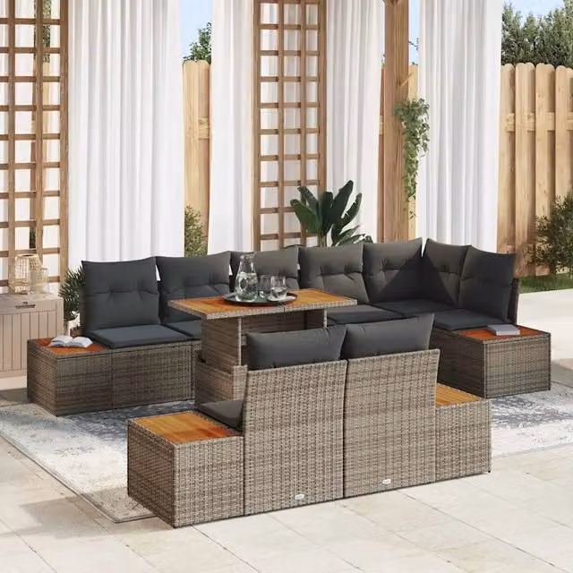 Set Divano da Giardino a Forma di U vidaXL in Polyrattan con Tavolino e Cuscini, Grigio e Marrone