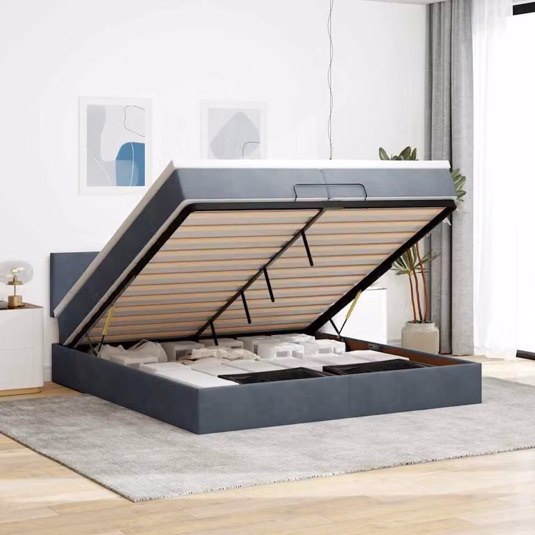 vidaXL Struttura Letto con Contenitore a Sollevamento e Materasso in Velluto Grigio e Bianco, L 200 x P 200 x H 280 cm