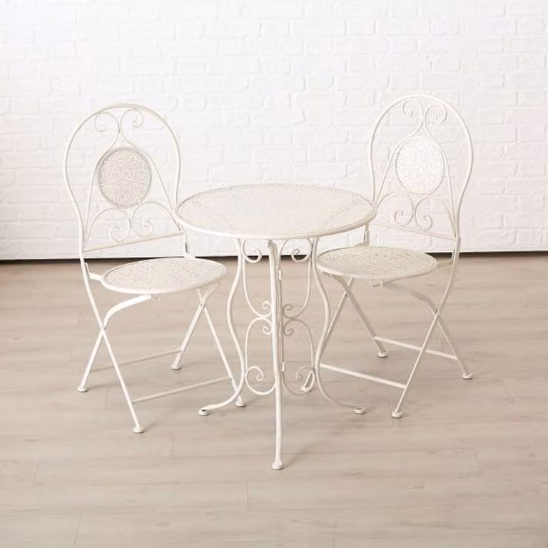 Mobili da giardino LILLI tavolo bistrot in metallo bianco con 2 sedie pieghevoli in stile country house