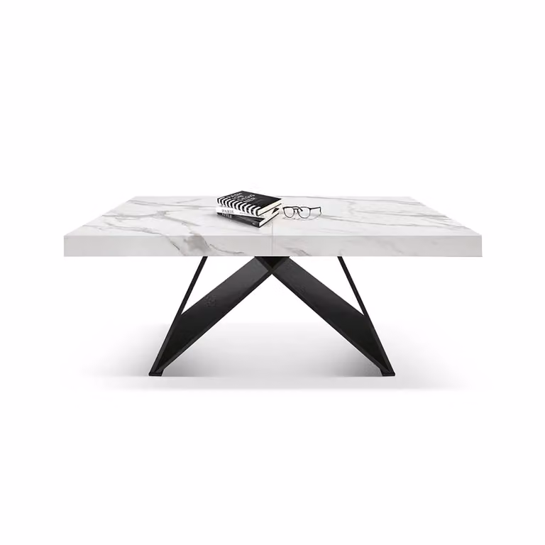 Tavolo VULCANO in legno, finitura bianco statuario e base in legno mdf nero, allungabile 160×90 cm – 240×90 cm